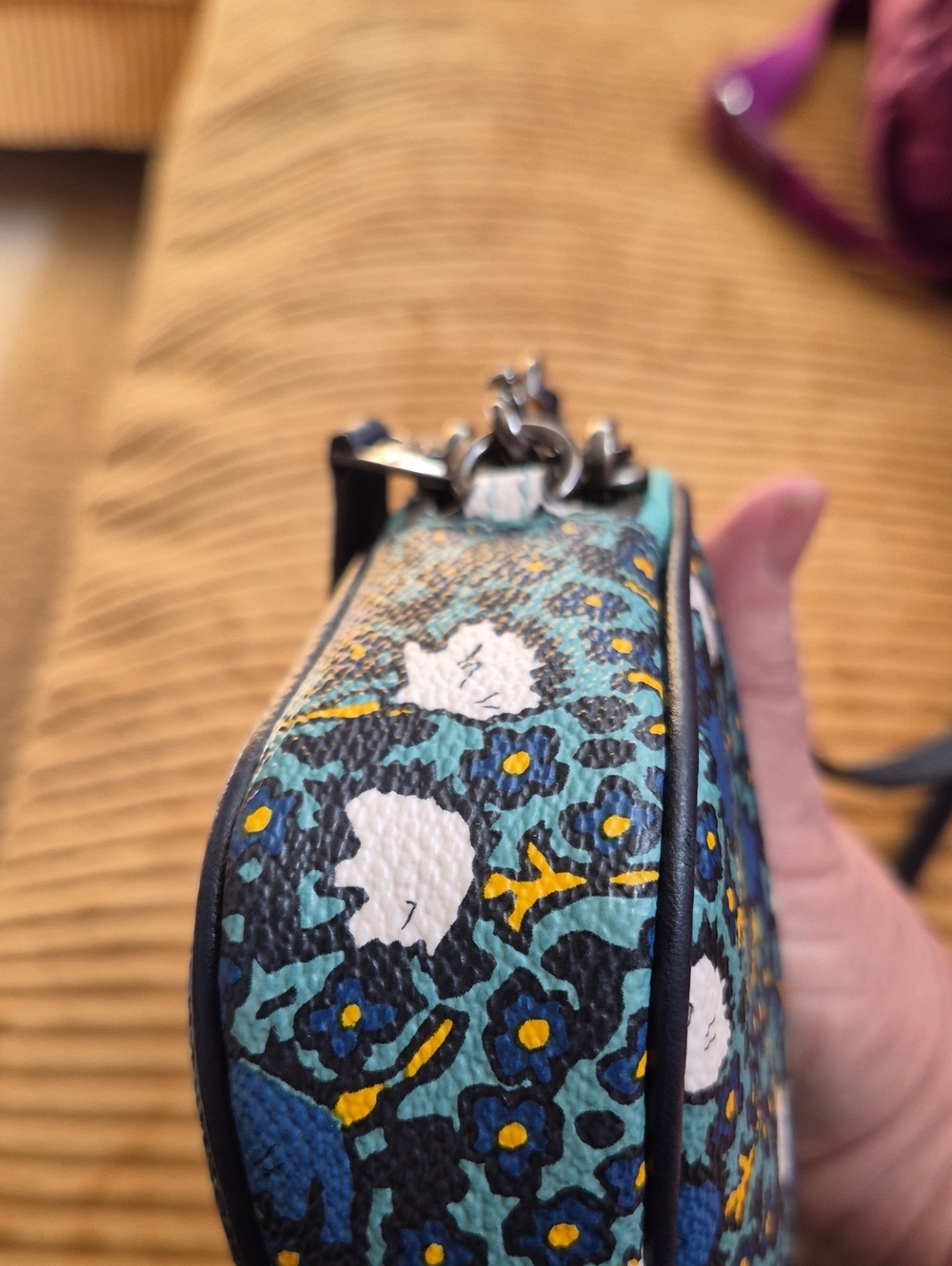 Coach Floral Double Zip Crossbody Teal Multi W/Gun Metal Hardware. - Picture 14 of 15